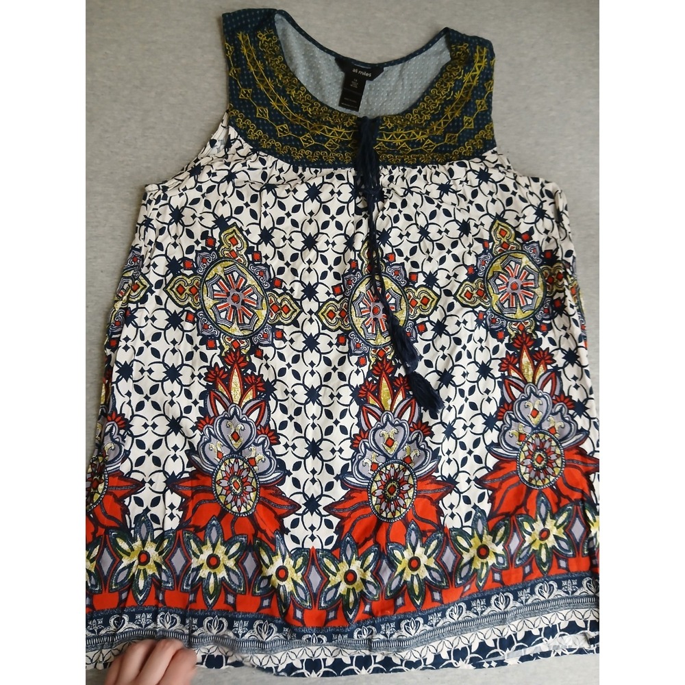 Ali Miles Top 1x Embroidered Tassel Lagenlook Lightweight Tank Basic Boho